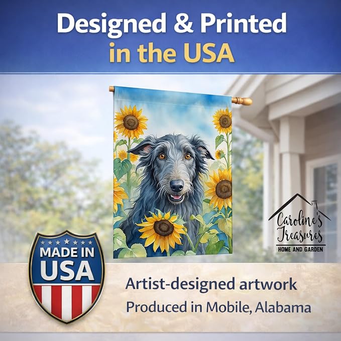 Caroline's Treasures DAC6157CHF Scottish Deerhound in Sunflowers House Flag Large Porch Sleeve Pole Decorative Outside Yard Banner Artwork Wall Hanging, Polyester, House Size, Multicolor