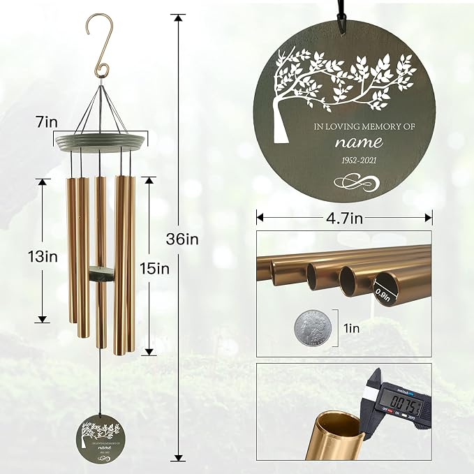 ASTARIN Memorial Tree of Life 36" Wind Chimes, Personalized Name Sympathy Wind Chime, in Memory of Loss Mom Loved One, Large Deep Tone Bereavement Windchimes for Outside Clearance(Produced in Texas)