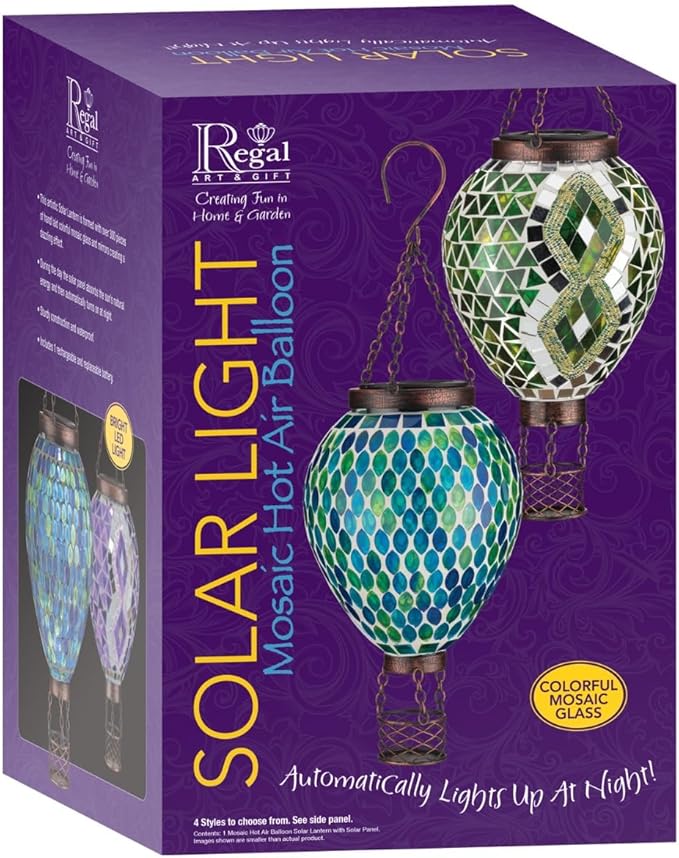 Regal Art & Gift Hot Air Balloon Solar Lantern – Hanging Solar-Powered LED Lights, Waterproof Portable Decorative Outdoor Lamp Made of Metal & Glass for Garden, Patios & Pathway - Mosaic Multi
