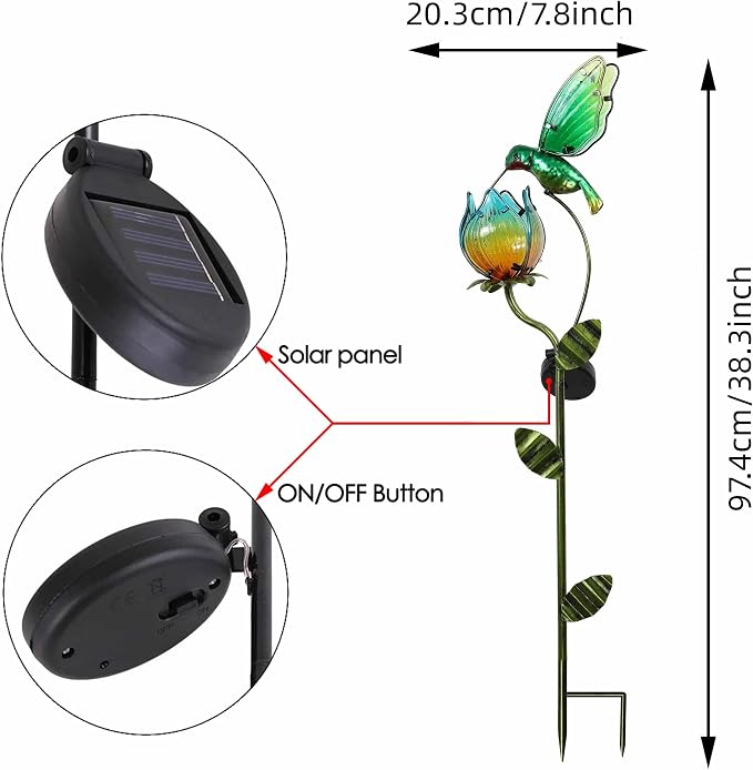 TERESA'S COLLECTIONS Glass Flower Bird Pathway Solar Outdoor Light for Garden Decor, 39'' Tulip and Hummingbird Metal Decorative Stakes Yard Art for Lawn Patio Porch Decorations, Gifts for Mom
