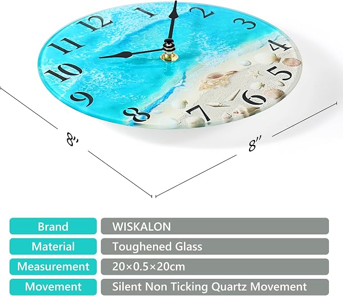 Coastal Nautical Glass Wall Clock with Seashell Design and Aesthetic Beach Theme - Battery Operated Silent Wall Decor for Home, Kitchen, Living Room, Office, Bedroom, or Bathroom (8 Inch,Light Blue)