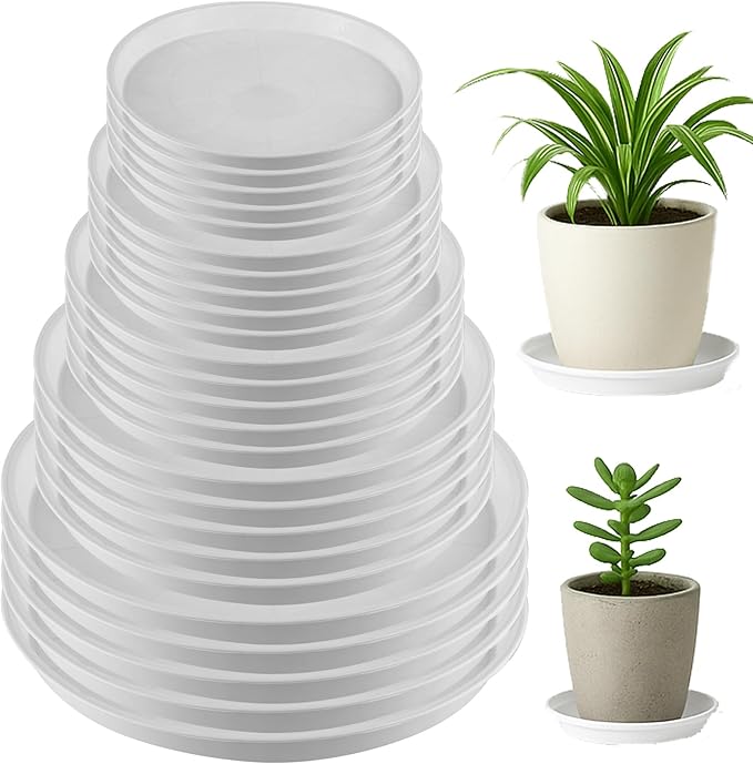 50 Packs 4/6/8/10/12 Inch Plastic Plant Saucers for Indoor Outdoor, Plant Water Catcher Tray for Pots, Bulk Flower Pot Saucers, Drip Trays for Potted Plants, Round Plates to Catch Water, White