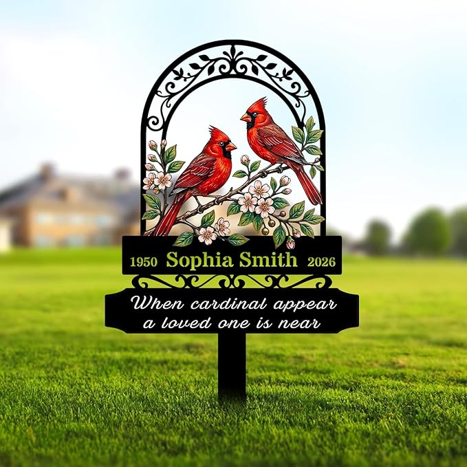 Personalized Cardinal Garden Sign with Stakes, Custom Name Sign, Yard Decor Outdoor, Memorial Gift for Mom, Garden Plaque Memorial Gifts, loss loved Ones Cardinal Sign