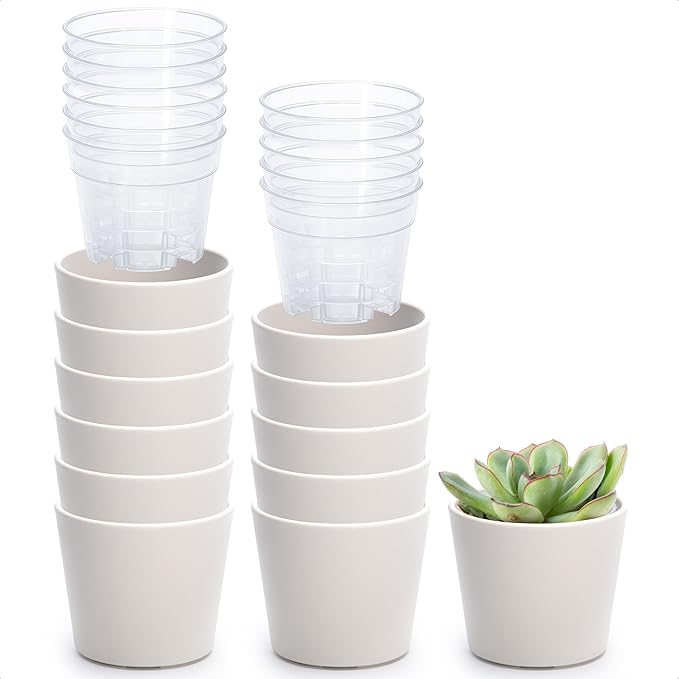 Phoenix Vine 3.5 Inch Oatmeal Plastic Cachepot with Clear Nursery Pot, Decorative Lightweight Planter Cover with Transparent Inner Pot for Indoor Houseplants, Pack of 12, 24-A-G-12