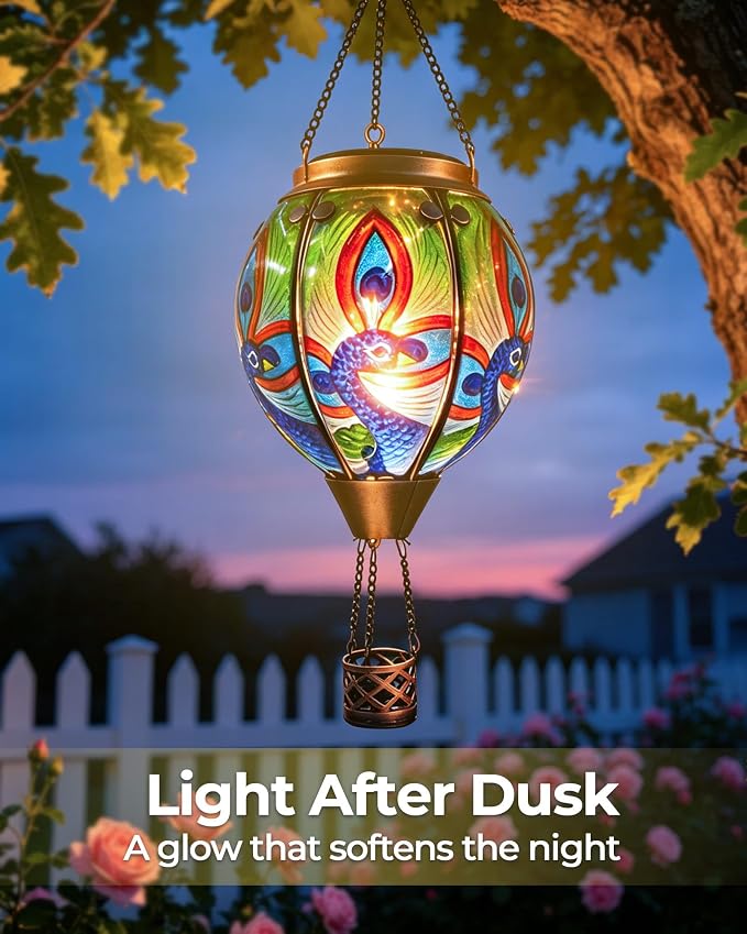 Hot Air Balloon Solar Lantern with Flickering Flame, Glass Hanging Garden Lights Outdoor Waterproof for Tree Yard Patio Mother's Day Gift (Peacock)