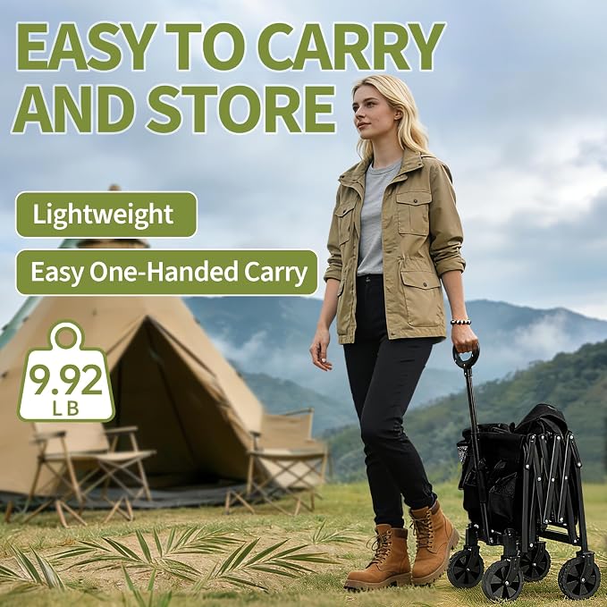 Foldable Wagon Cart, Collapsible Utility Wagon with All Terrain Wheels, Portable Folding Cart for Camping Garden Shopping Grocery Sports (Black, Medium Without Tailgate)