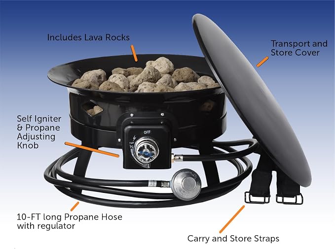 Flame King Smokeless Portable Propane Fire Pit Bowl, 19 inches, 58K BTU with Propane Grip Scale, Self Igniter, Cover, & Carry Straps for RV, Camping, & Outdoor Living
