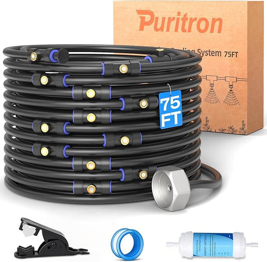 Misters for Outside Patio 75FT/23M, Pre-Assembled Misting Cooling System with 23 Brass Nozzles & 3/4" Adapter, Outdoor Mister for Backyard, Garden, Greenhouse, Chicken Coop, Dog House