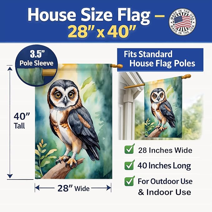 Caroline's Treasures Spectacled Owl House Flag Large Porch Sleeve Pole Decorative Outside Yard Banner Artwork Wall Hanging, Polyester, House Size, Multicolor