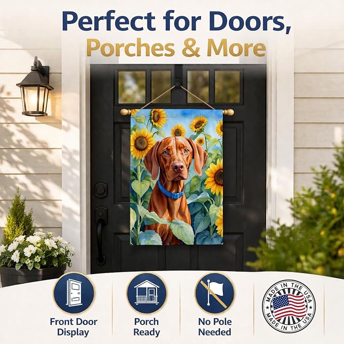 Caroline's Treasures DAC6169CHF Vizsla in Sunflowers House Flag Large Porch Sleeve Pole Decorative Outside Yard Banner Artwork Wall Hanging, Polyester, House Size, Multicolor