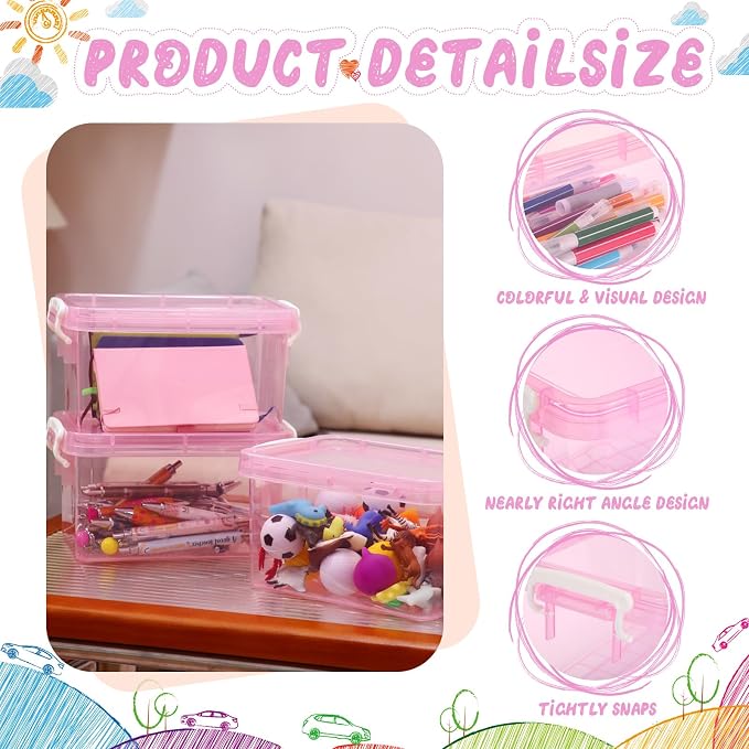 Wenqik 6 Pack Colorful Plastic Storage Bins with Lids 4 Quart Small Storage Latch Box Stackable and Nestable Clear Organizer Bins with Latching Handle and Buckle for Organizing(Pink)