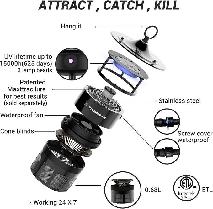 Outdoor Mosquito Trap – Premium Stainless Steel Insect Killer with UV Light & Octenol Lure, Rainproof, Ultra-Quiet, 15,000-Hour Lamp Life, Safe for Family & Pets