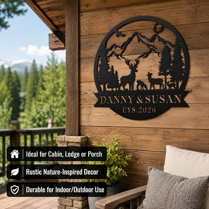 Personalized Deer Mountain Metal Sign Custom Family Name Wall Decor Rustic Cabin Outdoor Yard Art Wedding Anniversary Sign Gift
