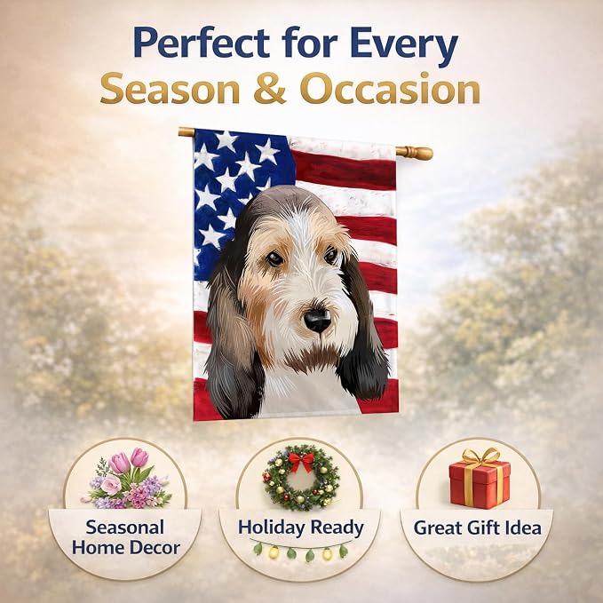 Caroline's Treasures CK6419CHF Grand Basset Griffon Vendeen American Flag House Flag Large Porch Sleeve Pole Decorative Outside Yard Banner Artwork Wall Hanging, Polyester, House Size, Multicolor