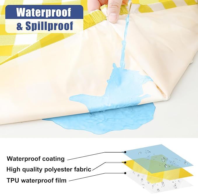 Smiry Picnic Table Cover with Bench Covers, Waterproof Elastic Fitted Tablecloths for 8 Foot Rectangle Tables, Washable Buffalo Plaid Tablecloth for Camping, Outdoor (Yellow & White, 30"x96")
