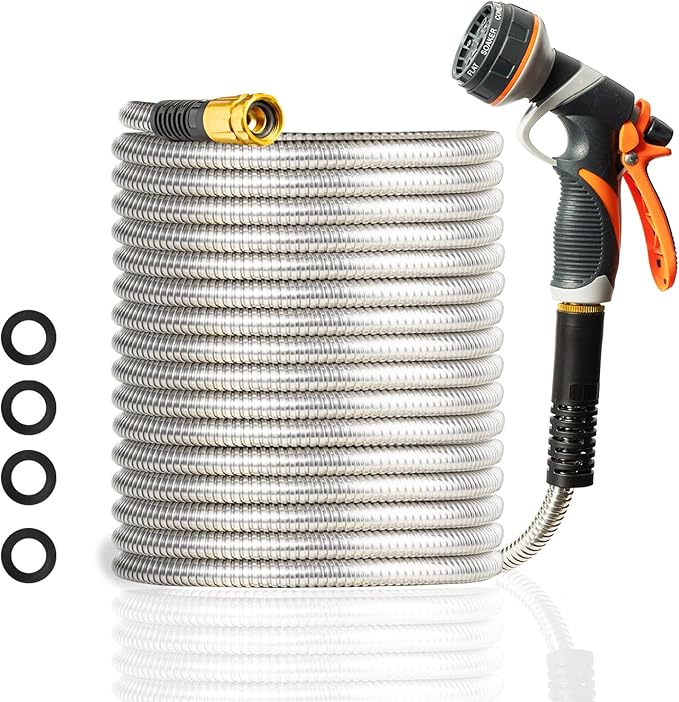 Metal Garden Hose 125FT Heavy Duty Lightweight 304 with Brass Nozzle,Durable Fittings,No Kink & Tangle,Puncture Resistant,Easy to Use & Store for RV,Outdoor, Yard,Ligh (125ft)