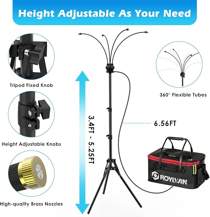 Roylvan Portable Misters for Outside Patio, Outdoor Water Cooling Misting Systems with 6000mAh Water Pump, 20L Bucket, Height Adjustable Standing Mister with 4 Nozzles for Backyard Garden Pool Patio