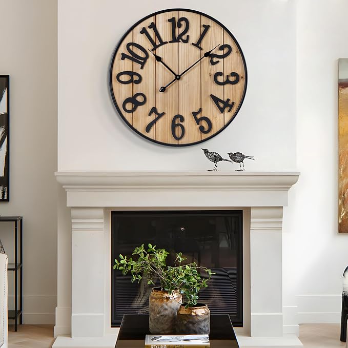 Large Wall Clock 30IN, Silent Metal Wood Style Wall Clocks Battery Operated for Living Room Decor, Farmhouse Big wall Clock, Outdoor