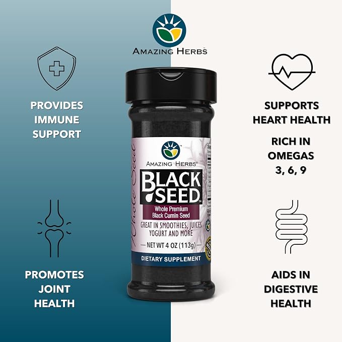 Amazing Herbs Whole Premium Black Cumin Seed - Nigella Sativa Seeds, Organic, Gluten-Free, Non-GMO, Supports Immune System, Cardiovascular Health, & Digestion - 4 oz