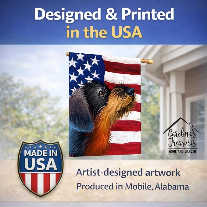 Caroline's Treasures CK6539CHF German Wirehaired Pointer American Flag House Flag Large Porch Sleeve Pole Decorative Outside Yard Banner Artwork Wall Hanging, Polyester, House Size, Multicolor