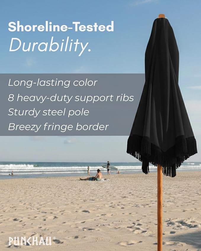 6 Ft Fringe Patio Umbrella - Outdoor Umbrella for Patio, Pool, Table, Garden, Deck, Beach, and Outdoors - Fashionable Boho Vintage Tassels & Wood Print - Push Button Tilt Pole