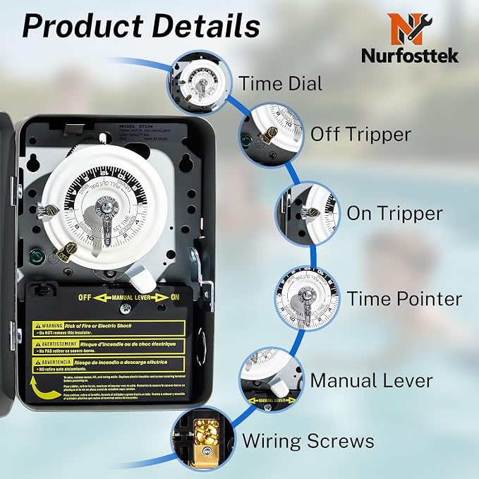 T104 24-Hour Mechanical Time Switch 40A DPST, for Pool Pumps, Water Heaters & Lighting, Metal Enclosure, Indoor Use Only