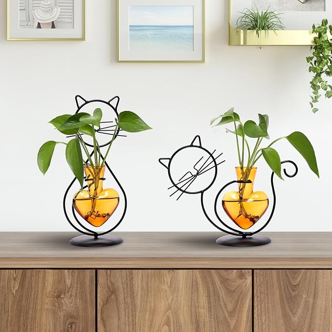 Plant Terrarium Plant Propagation Station Cat Lover Gifts for Women | Plant Lovers Home Office Decor Cat Desk Accessories