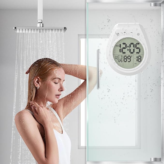 Shower Clock w/Timer Waterproof, Digital Bathroom Wall Clock w/Temperature | w/Date, Suction Cup, for Mirror, Bath, Kitchen, Battery Operated, White