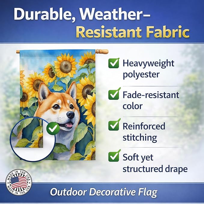 Caroline's Treasures DAC6161CHF Shiba Inu in Sunflowers House Flag Large Porch Sleeve Pole Decorative Outside Yard Banner Artwork Wall Hanging, Polyester, House Size, Multicolor