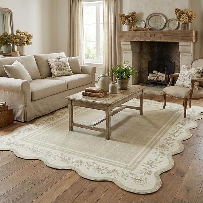 Garvee Washable Rugs for Living Room 8x10 Area Rugs Scalloped Rug Beige | Modern Bordered Non Slip Large Kids Bedroom Carpet Indoor Stain Resistant Floor Cover for Bedroom Dining Room Office Nursery