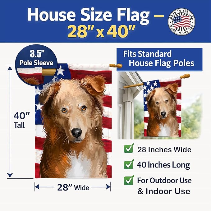 Caroline's Treasures CK6418CHF Basque Shepherd Dog American Flag House Flag Large Porch Sleeve Pole Decorative Outside Yard Banner Artwork Wall Hanging, Polyester, House Size, Multicolor