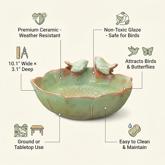 Large Ceramic Bird Bath for Outdoors, 10.1" Garden Bird Bath Bowl Only, Handmade Tabletop Ground Birdbath Bowl, Weather Resistant Wildlife Water Bowl for Outside, Garden, Balcony and Lawn