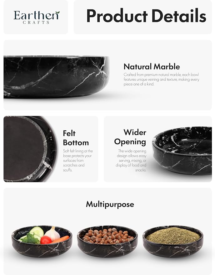 Marble Serving Bowl 8" Black Fruit Bowl For Kitchen Counter For Kitchen Decor, Decorative Bowl for Home Decor, Entryway Table Modern Candy Bowl