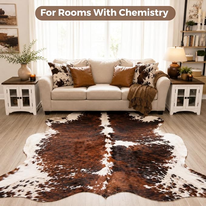 rodeo Genuine Cowhide Rug - Real Cow Hide Rug Large for Living Room & Bedroom - Western Rugs for a Natural Western Home Decor Ambiance - Rustic Cow Print Carpet Decor - 6x8 ft, Classic Tricolor