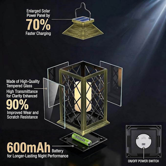 2 Pack 14" Large Tempered Glass Solar Lanterns Outdoor Waterproof, Hanging Solar Lights with Flickering Flameless Candles, Solar Lantern for Wall Porch Patio Table Garden Decoration-Bronze