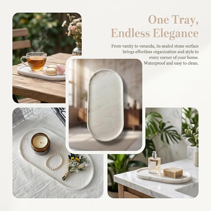 Luxury 100% Natural Oval Marble Tray for Bathroom, Dresser, Home Decor | 11.8" x 5.9" Marble Vanity Organizer for Perfume Jewelry Makeup, Kitchen, Hand-Polished Cream White Decorative Tray
