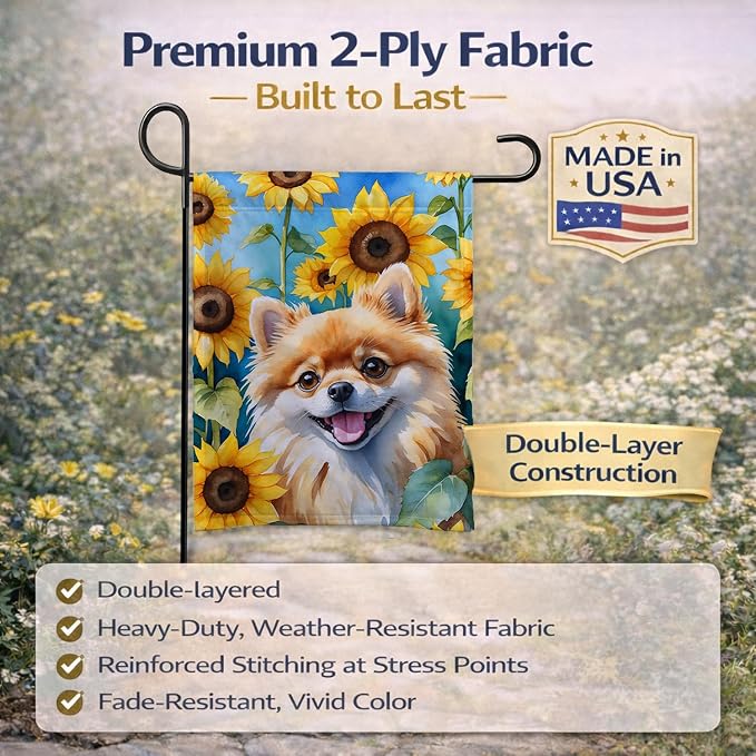 Caroline's Treasures DAC6136GF Pomeranian in Sunflowers Garden Flag Mailbox Flag Decorative Yard Flag Banner Outside Patio Artwork Yard Flower Beds, Garden Size, Multicolor