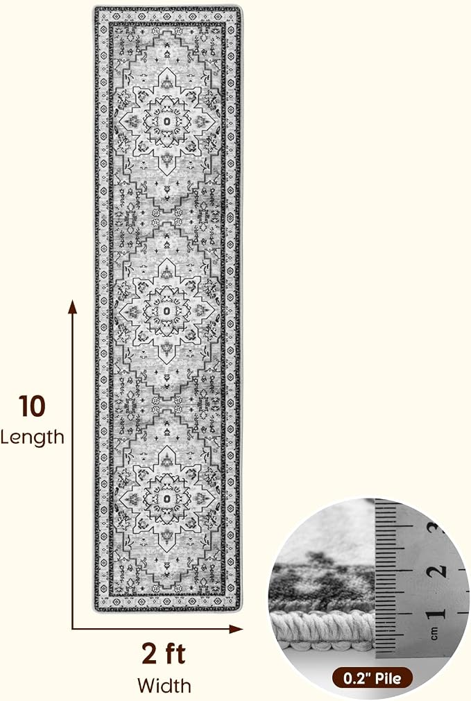 LBRO2M Machine Washable Rug Soft Pet Friendly Carpet 2X10 Light Gray | Runner Rug 2X10 for HallWay, Bedroom, Kitchen, Laundry Room, Non Slip Carpet, Foldable Stain Resistant Rugs