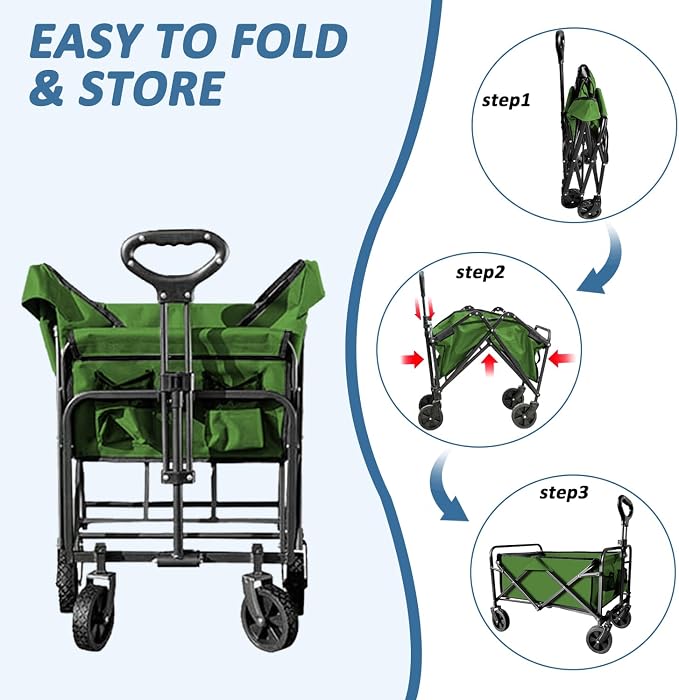 Collapsible Utility Cart Folding Wagon, 320lbs Capacity Lightweight Rolling Cart with Quiet Wheels, Quick-Fold Design for Camping, Shopping, Ourdoor Use, Green