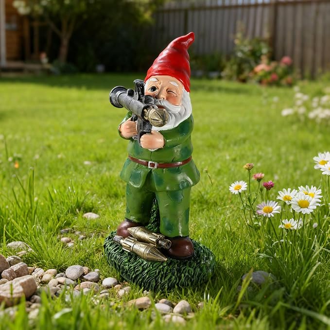 Large Garden Gnome Statue with Guns, Solar Military Army Soldier Guardian Hunter Gnome Garden Decoration Figurine Lights Porch Decor Valentine's Day Men Gift Scale War Combat Guards Patriotic Dwarves