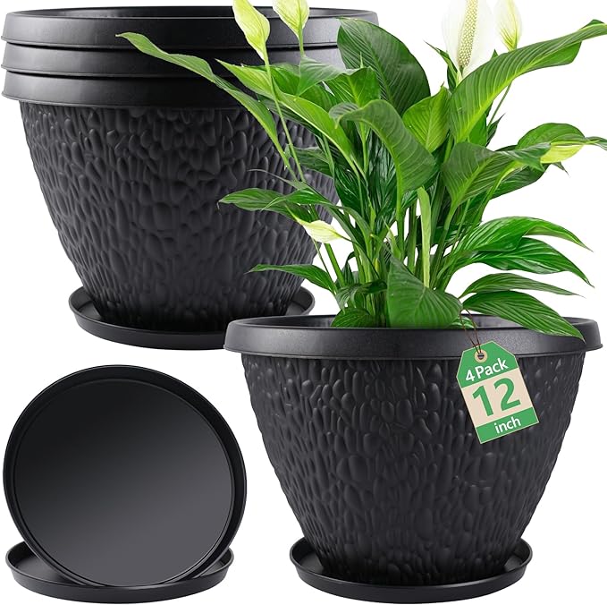 Nooulap 4 Pack 12 inch Plant Pots for Outdoor Indoor, Flower Pots with Drainage Holes & Saucer, Large Outdoor Planters for Garden Porch Balcony (Black)