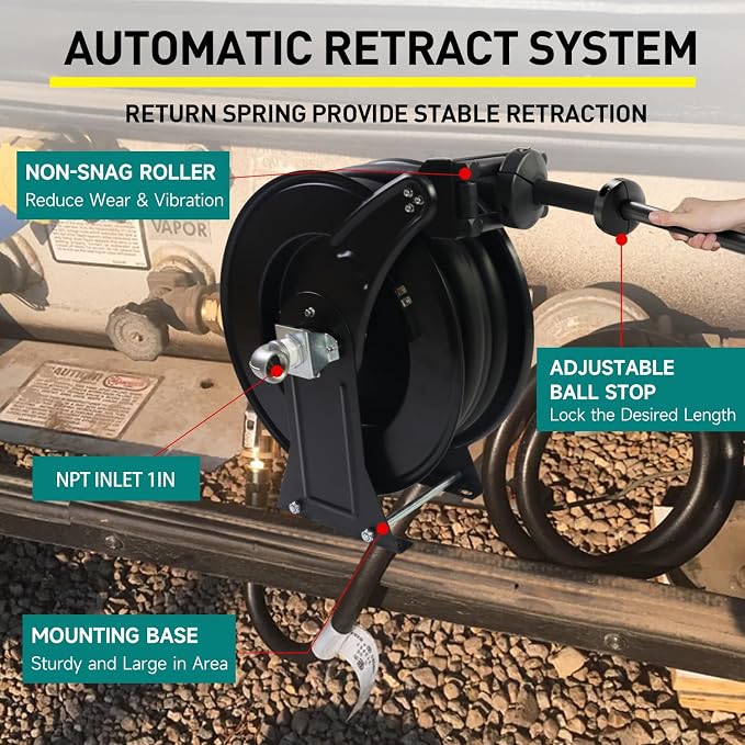 Fuel Hose Reel,1"X33' Retractable Ratchet Spring Driven Diesel Hose Reel,360 Rotating Fuel Hose Swivel,AUTO Fuel Nozzle,SS304 Elbow Pipe,Barb Fitting,300 PSI,Swivel Steel Construction Reel