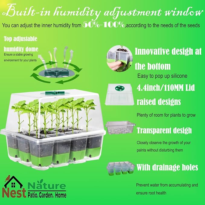 NestNature 5-Pack Seed Starter Tray Set|60-Cell Flexible Germination Trays | Reusable Seed Trays W/Humidity Dome & Lids For Plants, Flexible Pop-Out Design&Dishwasher Safe For Herbs,Vegetables,Flowers