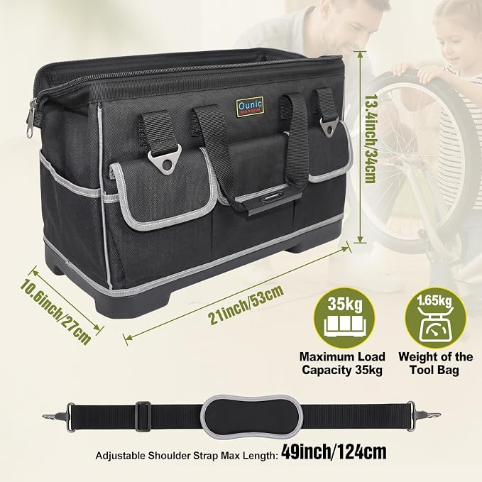 Tool Bag, Ounic 20 Inch Large Tool Tote Bag Heavy Duty With Waterproof Molded Base, Wide Mouth Tool Box Organizer with Adjustable Shoulder Strap for Electrician Mechanic Craftsman Plumbers(Black)