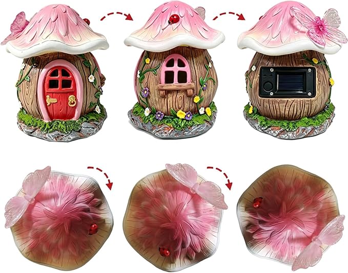 Mushroom Fairy Garden House Statue Outdoor Figurine with Solar Light,Garden Fairy House Decor,Fairy Cottage Ornaments,for Patio Yard Balcony Decoration,Gifts for Mom & Women
