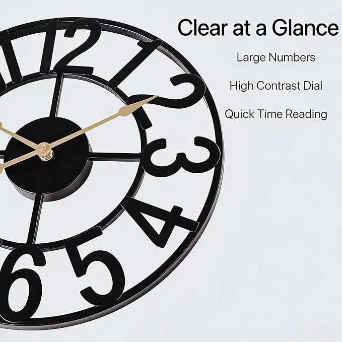 Wall Clocks for Living Room Decor, Silent Wall Clock Battery Operated, Mid Century Rustic Farmhouse Black Metal Skeleton Large Clocks for Kitchen, Bedroom, Dining Room-18 in