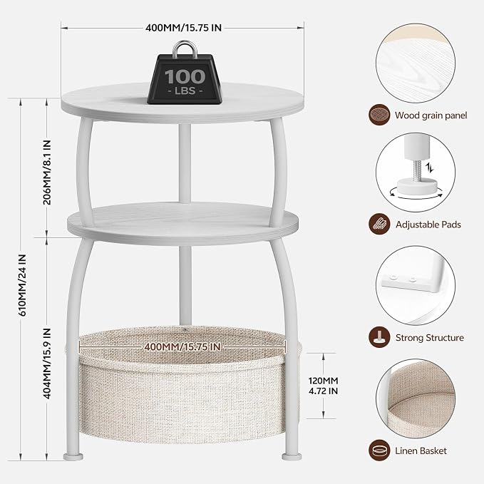 Round Side Table with Storage Basket, End Table Living Room, 15.7in | Side Tables Bedroom, 3-Tier Small End Table for Living Room, Garden, Corner Tables,Small spaces,Wooden, 24in Tall