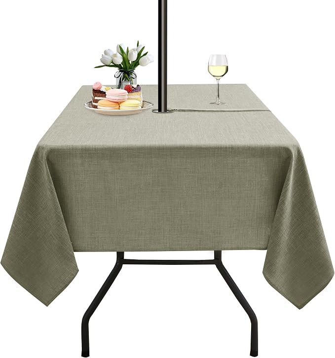 LUSHVIDA Outdoor Tablecloth with Umbrella Hole - Patio Table Cloth Zippered Square 60x60 Inch, Khaki Linen-Look Polyester Table Cover Water Resistant for Picnic Outside