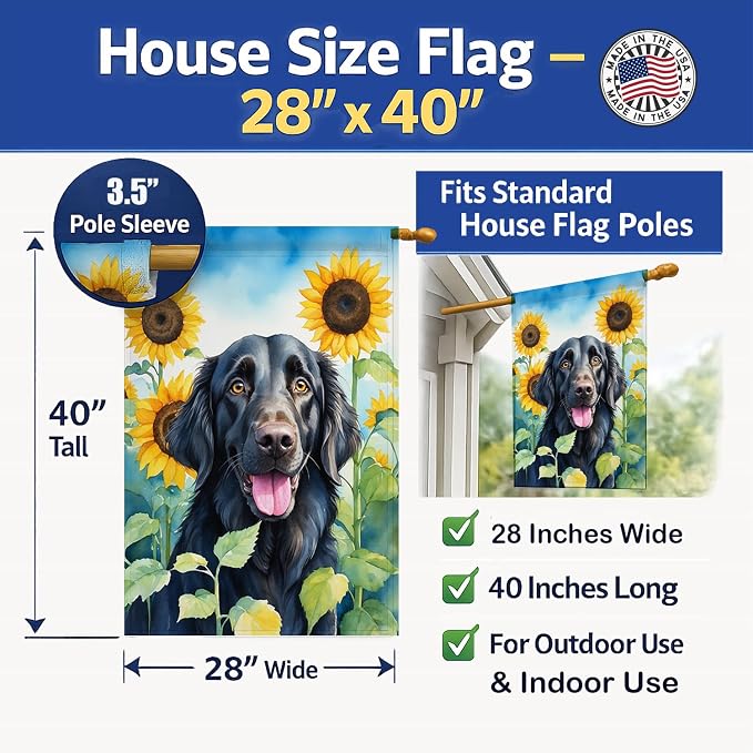 Caroline's Treasures DAC6078CHF Flat-Coated Retriever in Sunflowers House Flag Large Porch Sleeve Pole Decorative Outside Yard Banner Artwork Wall Hanging, Polyester, House Size, Multicolor
