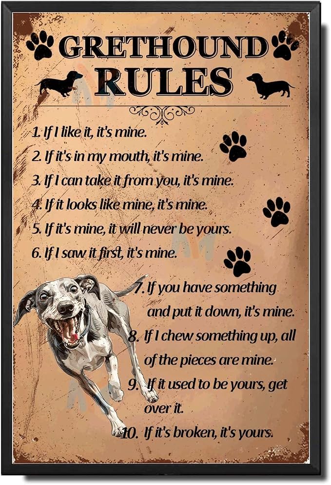 Metal Sign Tin Sign Vintage Wall Art Grethound Rules Toilet Decor Tin Sign for Pub 8×12 Inches with Metal Frame